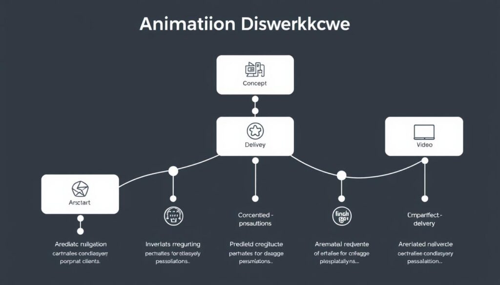 Schemat procesu produkcji animacji komputerowych dla korporacji w Simple Frame